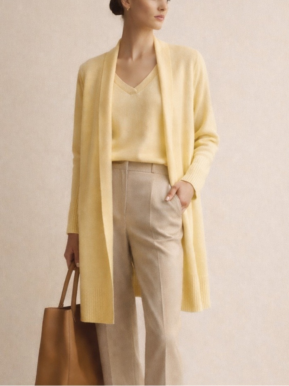 Cashmere Twin Set Butter Yellow Cardigan & Blouse Top Quiet Luxury M Comfy